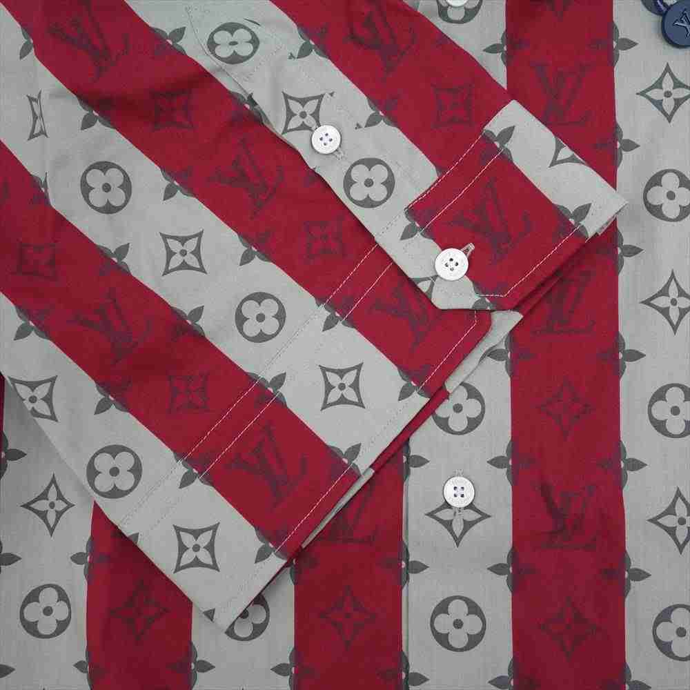 LOUIS VUITTON ルイ・ヴィトン 1A9GUD NIGO RM221M JB8 HMS05W ニゴー モノグラム トランクストライプ ショートスリーブ 半袖シャツ ダークレッド×グレー系 XL【新古品】【未使用】【中古】