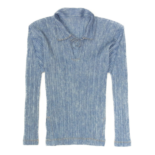 PLEATS PLEASE プリーツプリーズ イッセイミヤケ PP92-JK073 プリーツ加工 デニム転写プリント プルオーバー ブラウス ライトブルー系 3【美品】【中古】