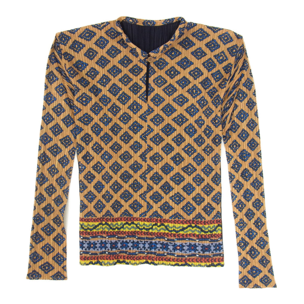 PLEATS PLEASE プリーツプリーズ イッセイミヤケ PP86-JK964 プリーツ加工 エスニック柄 バンドカラー プルオーバー ブラウス マルチカラー系 3【中古】