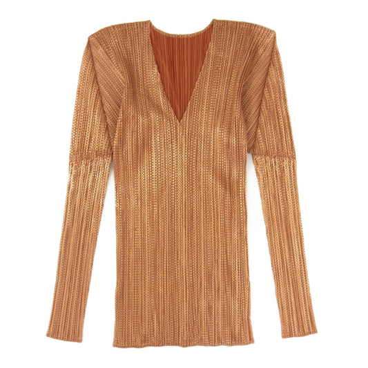 PLEATS PLEASE プリーツプリーズ イッセイミヤケ PP89-JK402 プリーツ加工 箔プリント サイドスリット Vネック カットソー オレンジ系 3【美品】【中古】