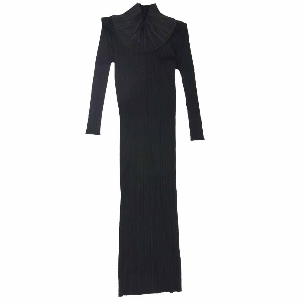 PLEATS PLEASE プリーツプリーズ イッセイミヤケ PP79JH464 プリーツ加工 ボリュームネック 長袖 マキシ丈 ワンピース ブラック系 4【美品】【中古】
