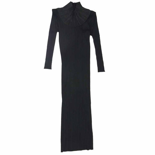 PLEATS PLEASE プリーツプリーズ イッセイミヤケ PP79JH464 プリーツ加工 ボリュームネック 長袖 マキシ丈 ワンピース ブラック系 4【美品】【中古】