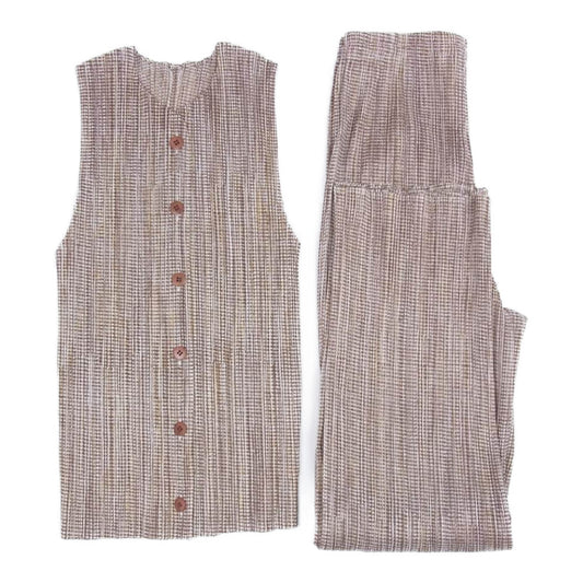 PLEATS PLEASE プリーツプリーズ イッセイミヤケ PP71-JE738 プリーツ加工 転写総柄 セットアップ ベスト パンツ ライトブラウン系 3【美品】【中古】