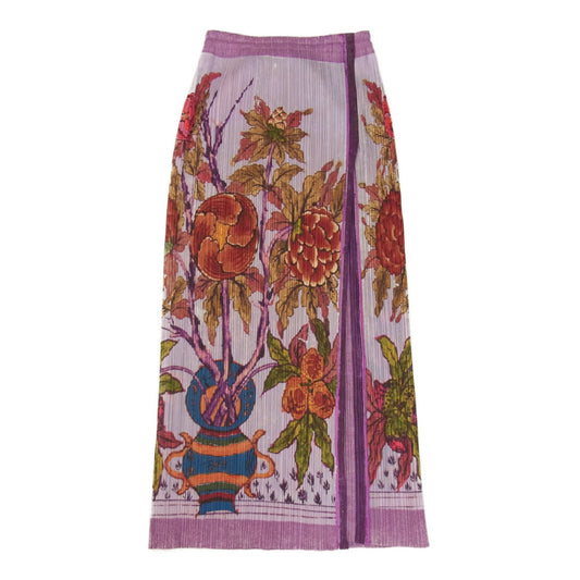 PLEATS PLEASE プリーツプリーズ イッセイミヤケ PP84-JG572 PEONY BOTANICAL FLOWER SHIRT 牡丹 日本画 転写プリント ロング ラップスカート パープル系 3【中古】