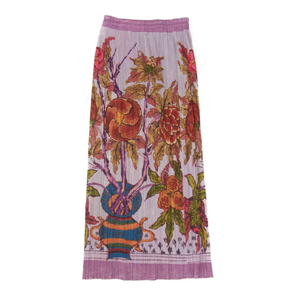 PLEATS PLEASE プリーツプリーズ イッセイミヤケ PP84-JG572 PEONY BOTANICAL FLOWER SHIRT 牡丹 日本画 転写プリント ロング ラップスカート パープル系 3【中古】