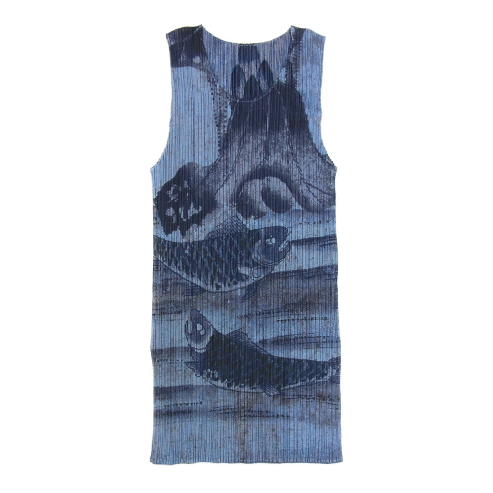 PLEATS PLEASE プリーツプリーズ イッセイミヤケ PP84-JK215 プリーツ加工 日本水墨画調 魚 花 ノースリーブ カットソー ブルー系 3【美品】【中古】