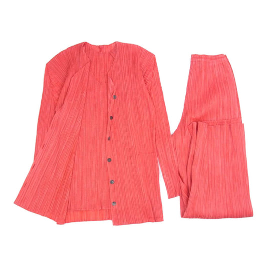 PLEATS PLEASE プリーツプリーズ イッセイミヤケ プリーツ加工 綾織転写総柄 3ピースセットアップ カーディガン ノースリーブ パンツ サーモンピンク レッド系 4【中古】