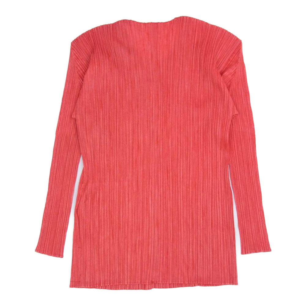 PLEATS PLEASE プリーツプリーズ イッセイミヤケ プリーツ加工 綾織転写総柄 3ピースセットアップ カーディガン ノースリーブ パンツ サーモンピンク レッド系 4【中古】