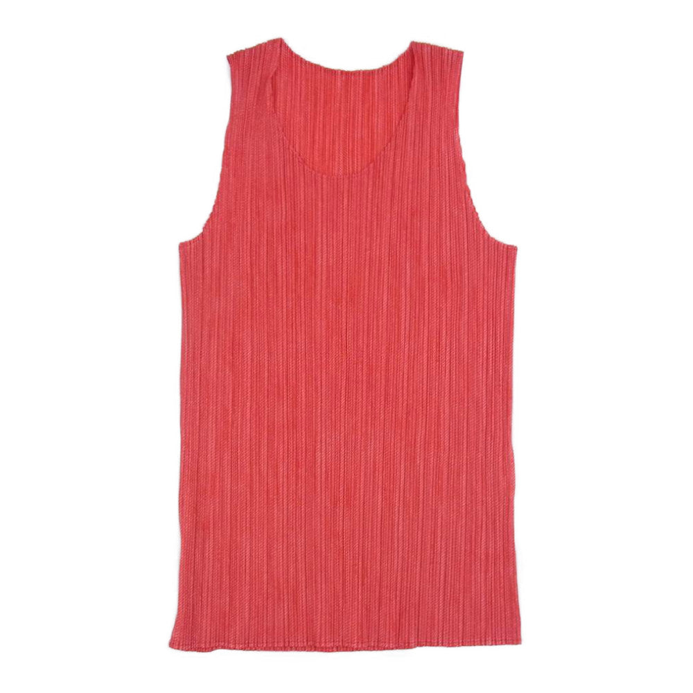 PLEATS PLEASE プリーツプリーズ イッセイミヤケ プリーツ加工 綾織転写総柄 3ピースセットアップ カーディガン ノースリーブ パンツ サーモンピンク レッド系 4【中古】