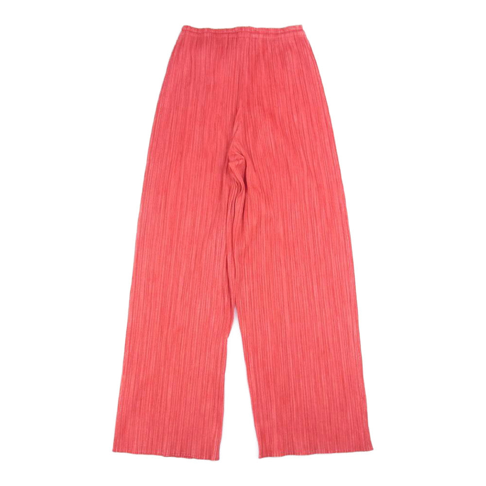 PLEATS PLEASE プリーツプリーズ イッセイミヤケ プリーツ加工 綾織転写総柄 3ピースセットアップ カーディガン ノースリーブ パンツ サーモンピンク レッド系 4【中古】