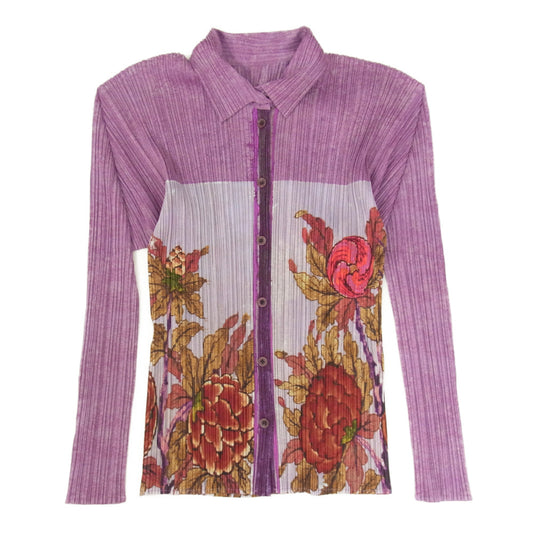 PLEATS PLEASE プリーツプリーズ イッセイミヤケ PP84-JK583 PEONY BOTANICAL FLOWER SHIRT 牡丹 日本画 転写プリント ブラウス パープル系 3【中古】