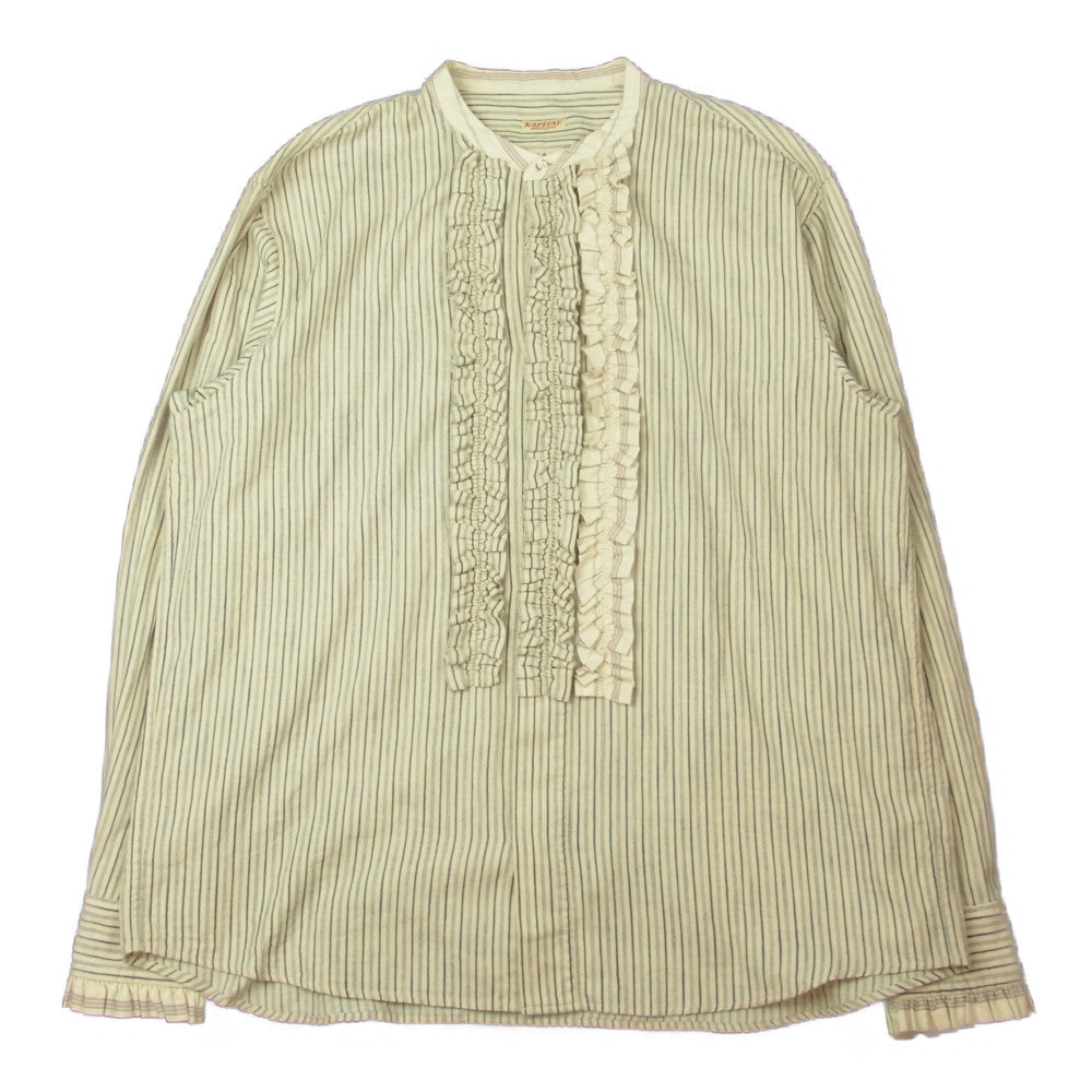 KAPITAL キャピタル 20AW 綿ストライプ フリル プラハ シャツ ノーカラー シャツ 生成り系 4【中古】