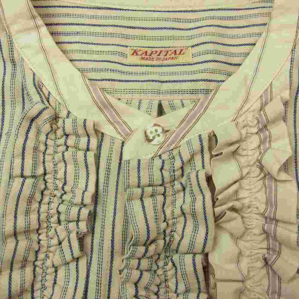 KAPITAL キャピタル 20AW 綿ストライプ フリル プラハ シャツ ノーカラー シャツ 生成り系 4【中古】