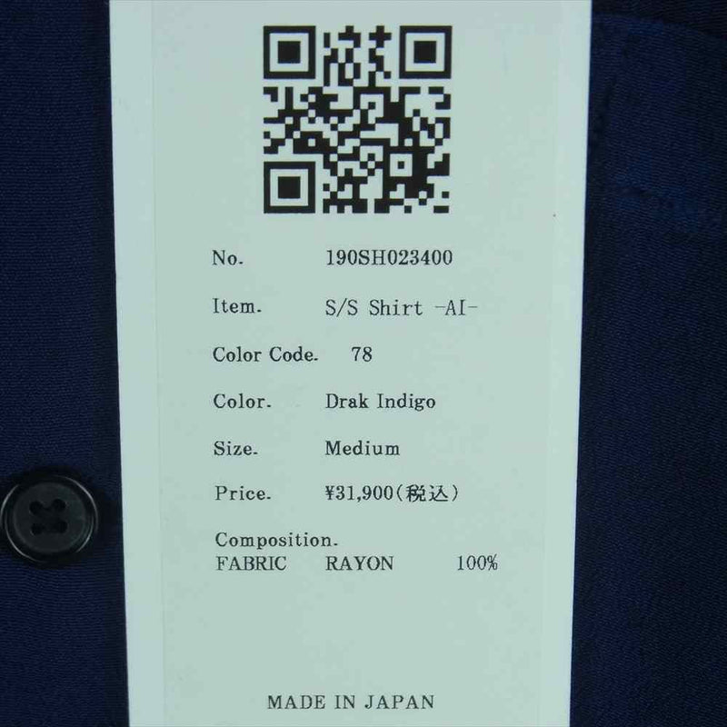 クオン KUON 190SH023400 藍染め レーヨン オープンカラー シャツ 半袖 ネイビー系 S【新古品】【未使用】