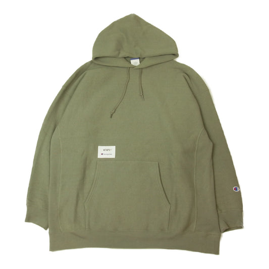 WTAPS ダブルタップス 21AW C8-U126 × Champion チャンピオン ACADEMY / HOODED / COTTON アカデミー リバースウィーブ フーデッド シャツ スウェット パーカー カーキ系 L【中古】