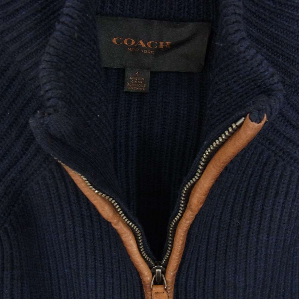 COACH コーチ RN132154 レザーパイピング ウール ジップ カーディガン ドライバーズ ニット ネイビー系 S【中古】
