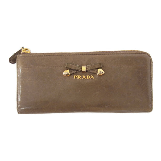 PRADA プラダ レザー リボン L字 ファスナー ジップ ウォレット 長財布 グレー系【中古】