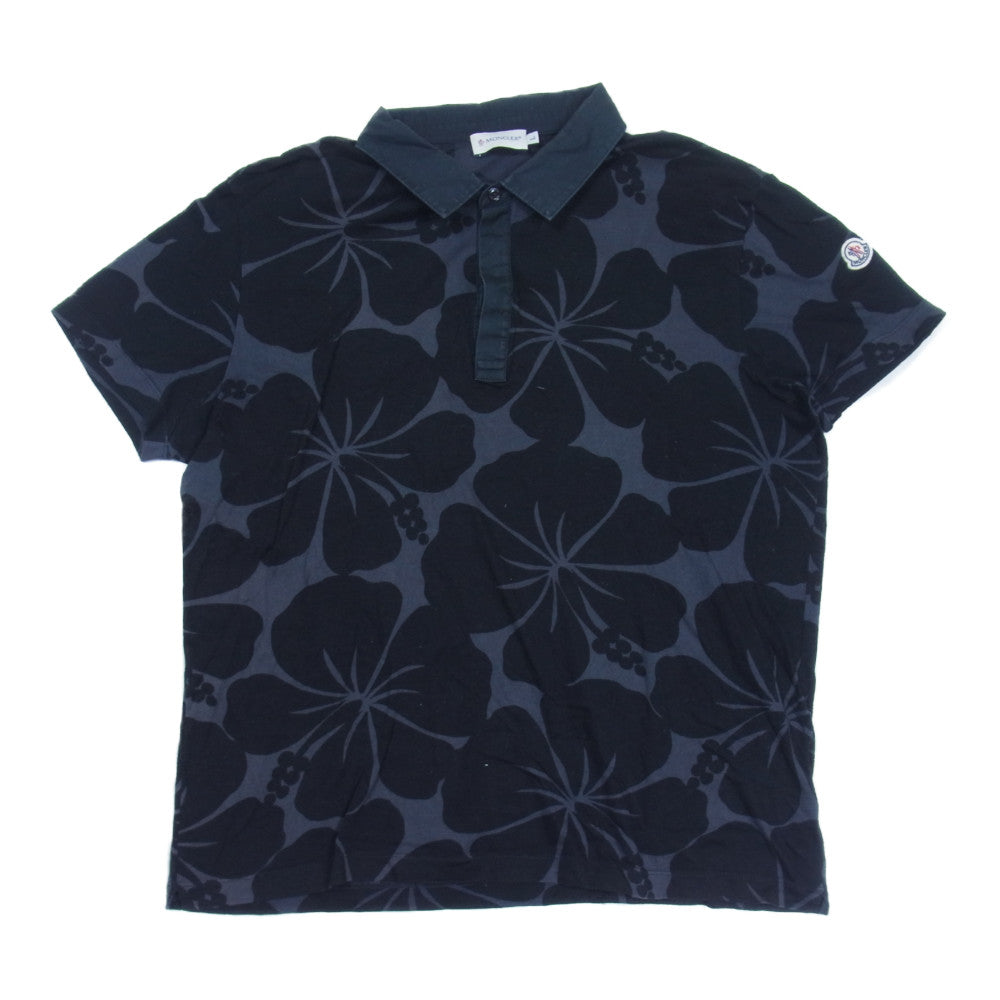 MONCLER モンクレール ハイビスカス 総柄 ポロ シャツ ブラック系 L【中古】