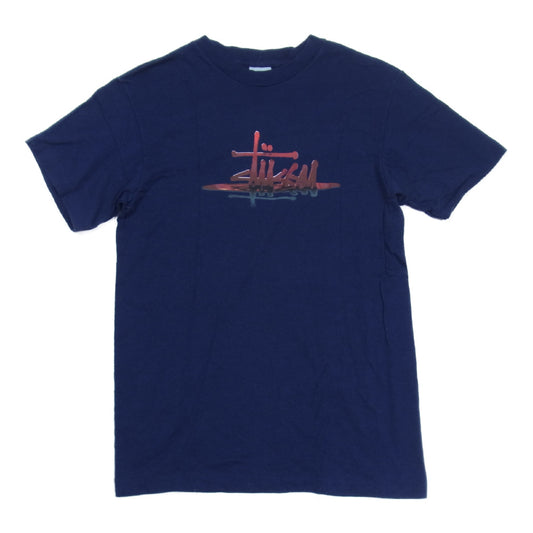 STUSSY ステューシー 00s 銀タグ グラフィックロゴ T シャツ ネイビー系 S【中古】