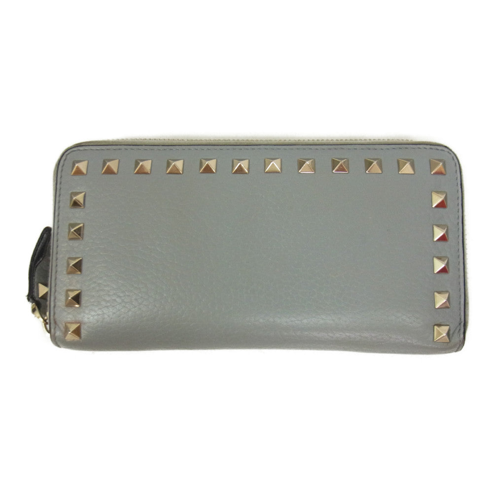 VALENTINO ヴァレンティノ ロック スタッズ ラウンド ファスナー 長財布 グレー系【中古】