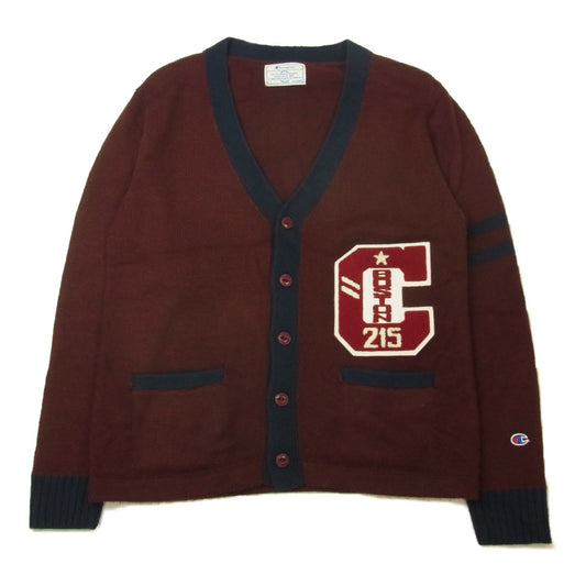 Champion チャンピオン LETTERED KNIT CARDIGAN レターパッチ レタード ニット カーディガン エンジ系 XL【中古】