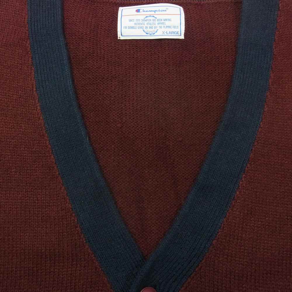 Champion チャンピオン LETTERED KNIT CARDIGAN レターパッチ レタード ニット カーディガン エンジ系 XL【中古】
