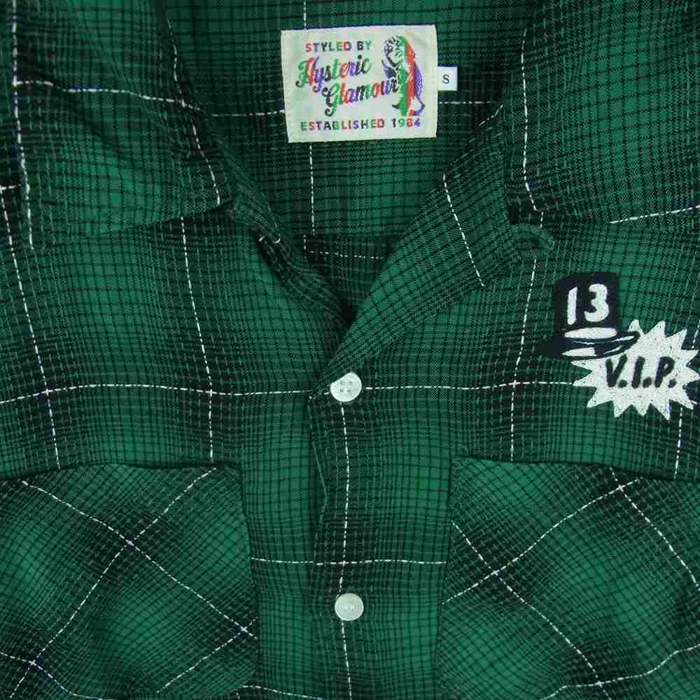 HYSTERIC GLAMOUR ヒステリックグラマー 0251AH03 EVIL WOMAN エビル 刺繍 チェック オープンカラー レーヨン 長袖 シャツ グリーン系 S【中古】