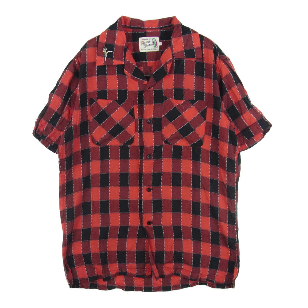 HYSTERIC GLAMOUR ヒステリックグラマー 15SS 0251AH08 RUMBLES 刺繍 リネン混 レーヨン オープンカラー チェック 半袖 シャツ レッド系 S【中古】