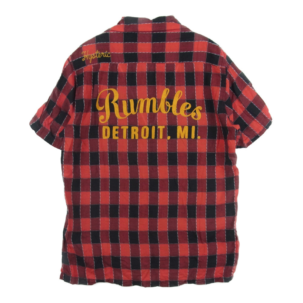 HYSTERIC GLAMOUR ヒステリックグラマー 15SS 0251AH08 RUMBLES 刺繍 リネン混 レーヨン オープンカラー チェック 半袖 シャツ レッド系 S【中古】
