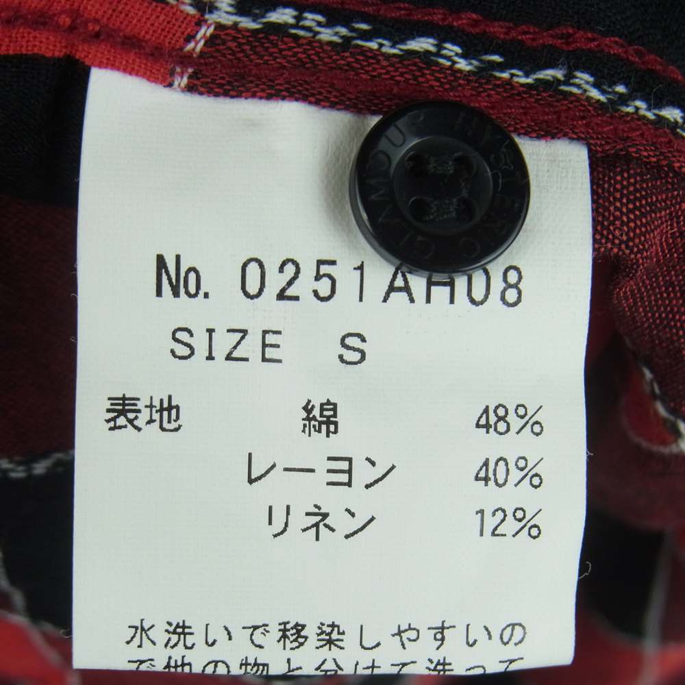 HYSTERIC GLAMOUR ヒステリックグラマー 15SS 0251AH08 RUMBLES 刺繍 リネン混 レーヨン オープンカラー チェック 半袖 シャツ レッド系 S【中古】
