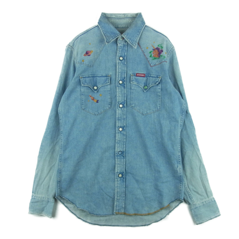HYSTERIC GLAMOUR ヒステリックグラマー 0253AH06 JUPITER 刺繍 USED加工 ジュピター ウエスタン 長袖 デニム シャツ インディゴブルー系 S【中古】
