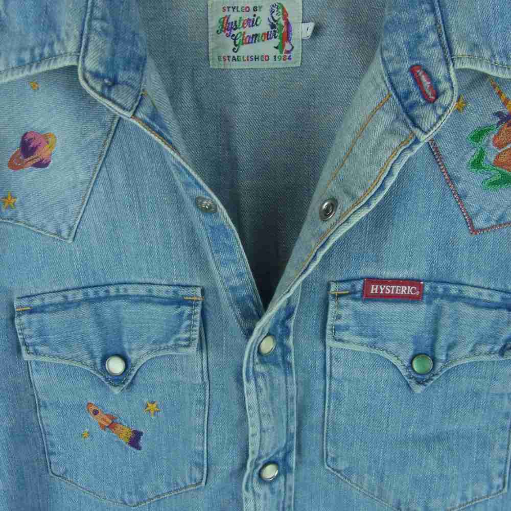 HYSTERIC GLAMOUR ヒステリックグラマー 0253AH06 JUPITER 刺繍 USED加工 ジュピター ウエスタン 長袖 デニム シャツ インディゴブルー系 S【中古】