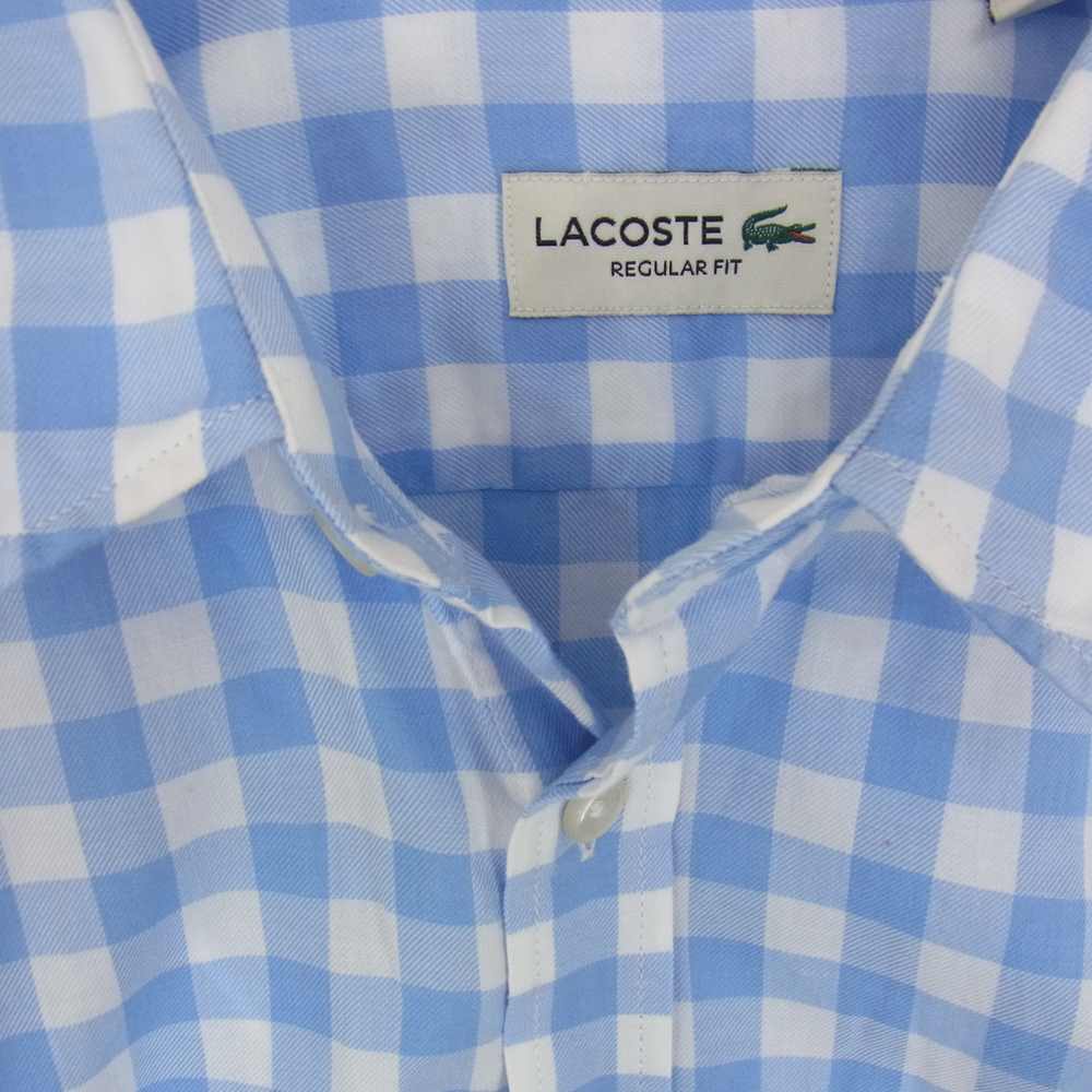 LACOSTE ラコステ ロゴ刺繍 チェック 長袖 シャツ ライトブルー系 L【中古】