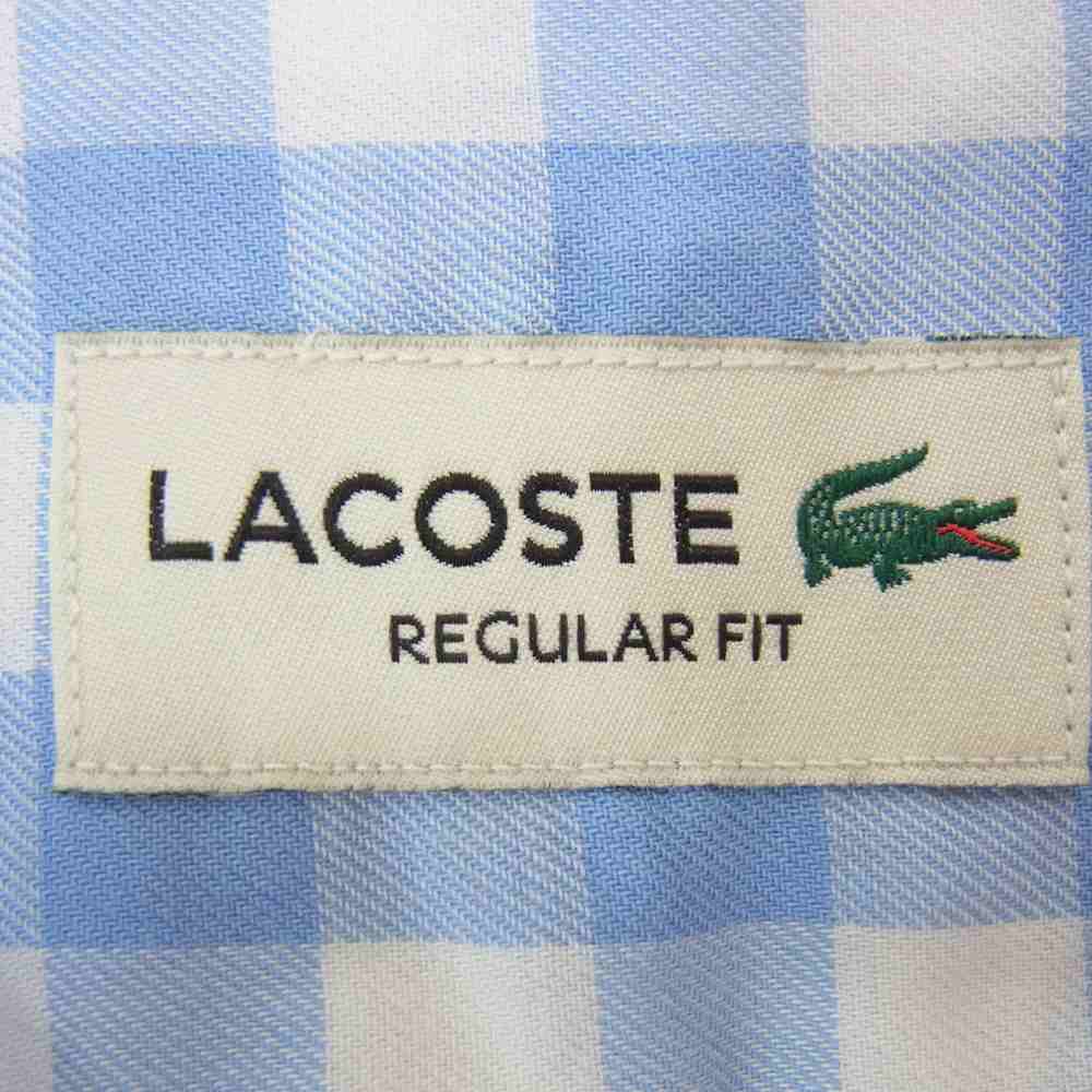 LACOSTE ラコステ ロゴ刺繍 チェック 長袖 シャツ ライトブルー系 L【中古】