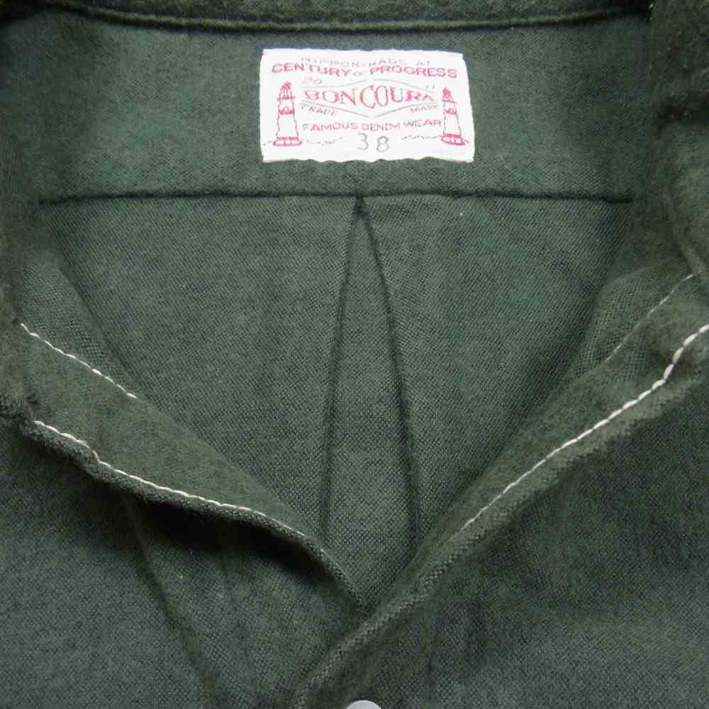 BONCOURA ボンクラ フラノ ボタン ダウン シャツ コットン フランチル B.Dシャツ オリーブ系 38【中古】