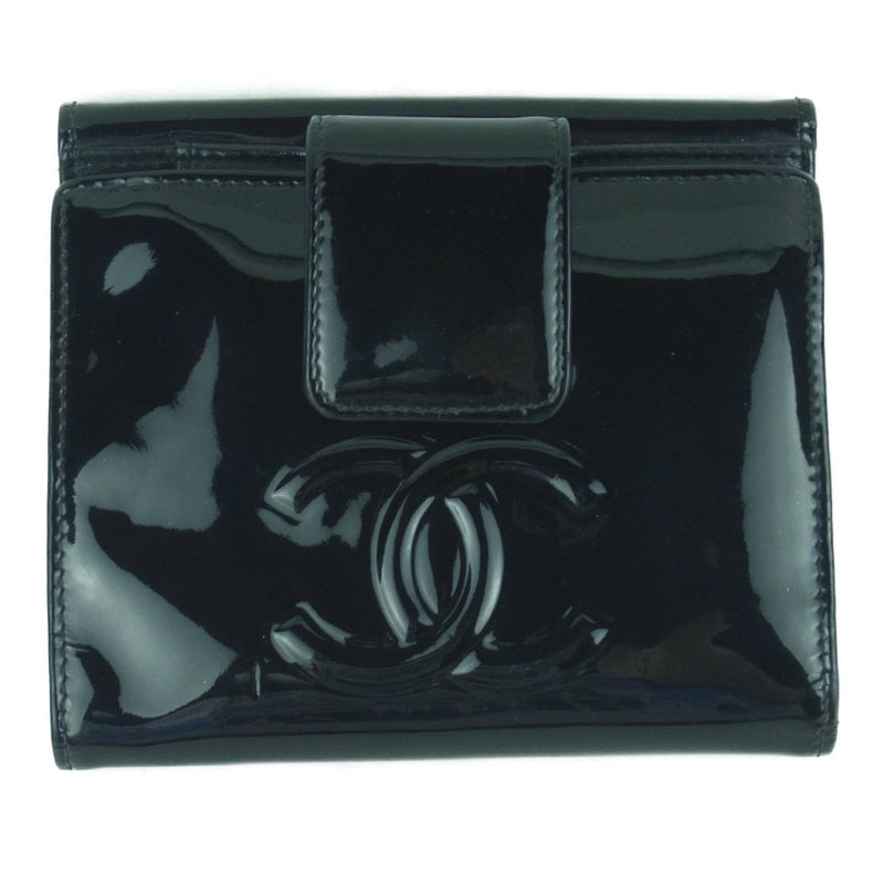 CHANEL シャネル カメリア エナメル ココマーク 二つ折り 財布 イタリア製 ブラック系【中古】