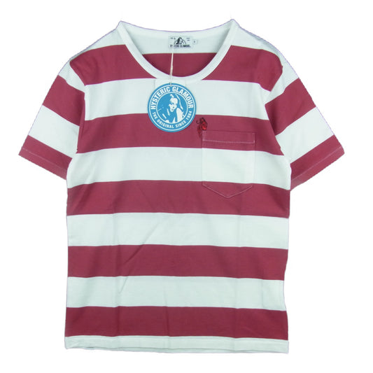 HYSTERIC GLAMOUR ヒステリックグラマー 0261CT17 DEVIL WOMAN刺繍 ボーダー ポケット 半袖 Tシャツ ホワイト系 マゼンダ系 S【新古品】【未使用】【中古】