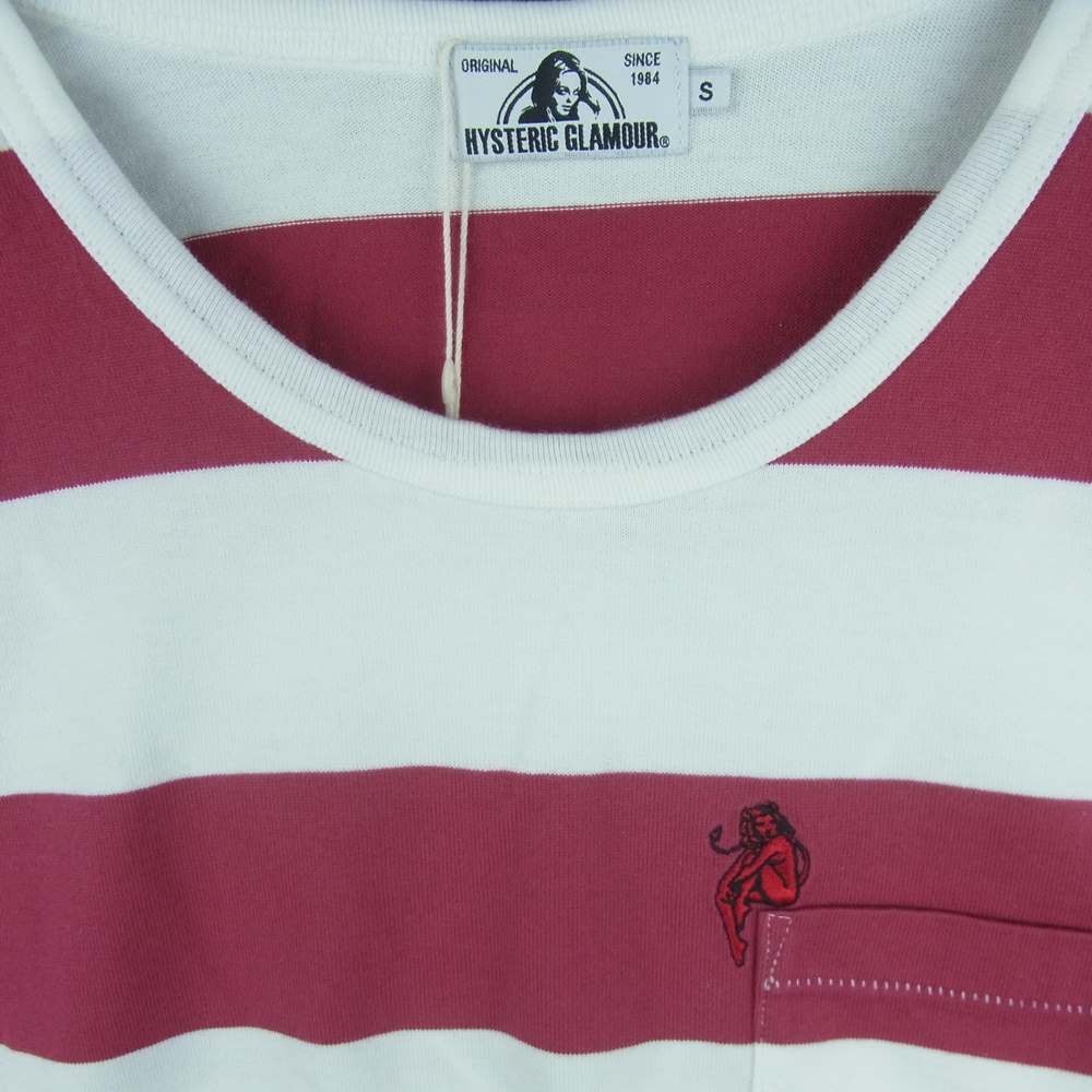 HYSTERIC GLAMOUR ヒステリックグラマー 0261CT17 DEVIL WOMAN刺繍 ボーダー ポケット 半袖 Tシャツ ホワイト系 マゼンダ系 S【新古品】【未使用】【中古】