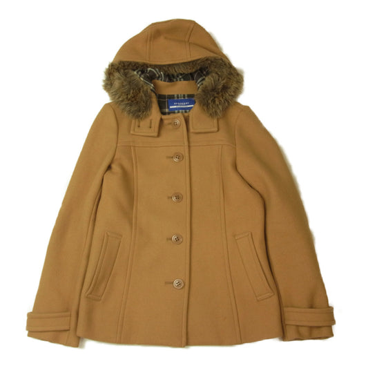 BURBERRY BLUE LABEL バーバリーブルーレーベル 01160-53 ファー付きフード ウール コート ライトブラウン系 38【中古】