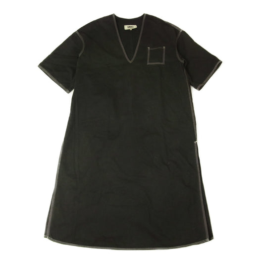 MAISON MARGIELA メゾンマルジェラ MM6 エムエムシックス 18SS S52CT0294 S48447 OVERSIZE DRESS WITH POCKETS オーバーサイズ ドレス ステッチ サイドスリット Vネック ワンピース ブラック系 36【中古】