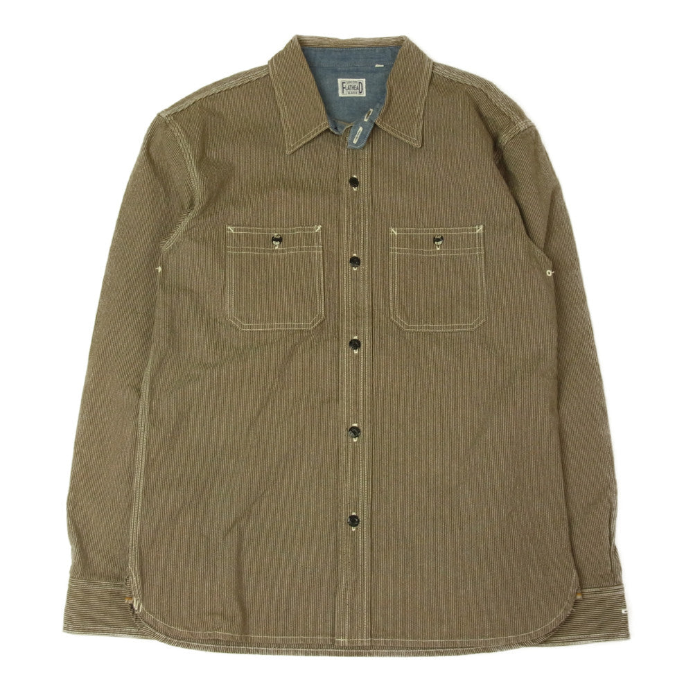 THE FLAT HEAD ザフラットヘッド ドット ストライプ ワーク 長袖 シャツ ベージュ ブラウン系 44【中古】