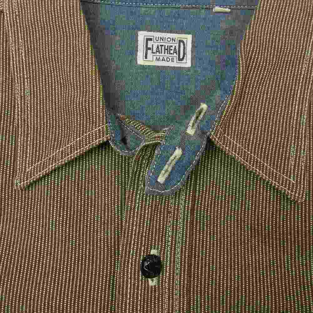 THE FLAT HEAD ザフラットヘッド ドット ストライプ ワーク 長袖 シャツ ベージュ ブラウン系 44【中古】