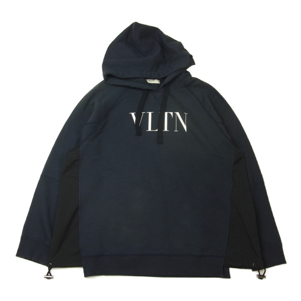 VALENTINO ヴァレンティノ WV3MF18G7GA VLTN Porover Hoody 異素材切替 ロゴプリント プルオーバー フーディ パーカー ネイビー系 S【美品】【中古】