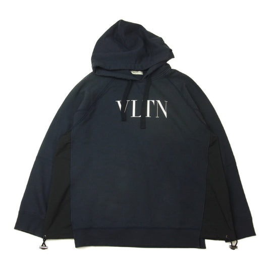 VALENTINO ヴァレンティノ WV3MF18G7GA VLTN Porover Hoody 異素材切替 ロゴプリント プルオーバー フーディ パーカー ネイビー系 S【美品】【中古】