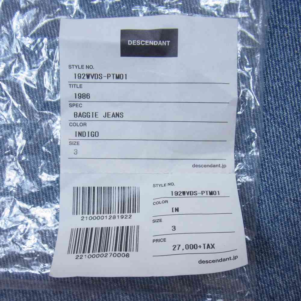 DESCENDANT ディセンダント 192WVDS-PTM01 1986 BAGGIE JEANS USED加工 ウォッシュ バギー ジーンズ インディゴブルー系 3【中古】