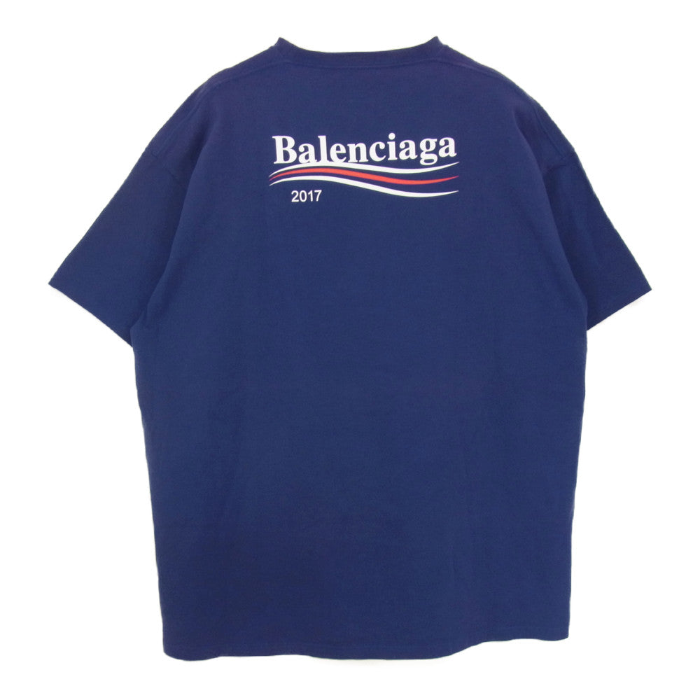 BALENCIAGA バレンシアガ 17AW 486032 TWK29 キャンペーン ロゴ プリント Tシャツ ネイビー系 XL【中古】