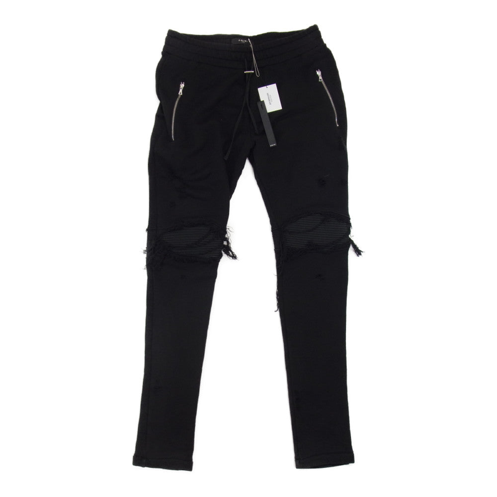 アミリ 150712 ダメージ加工 蛇腹 レザーパッチ バイカー スウェット パンツ ブラック系 L【中古】