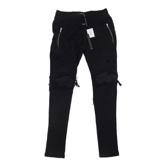 アミリ 150712 ダメージ加工 蛇腹 レザーパッチ バイカー スウェット パンツ ブラック系 L【中古】