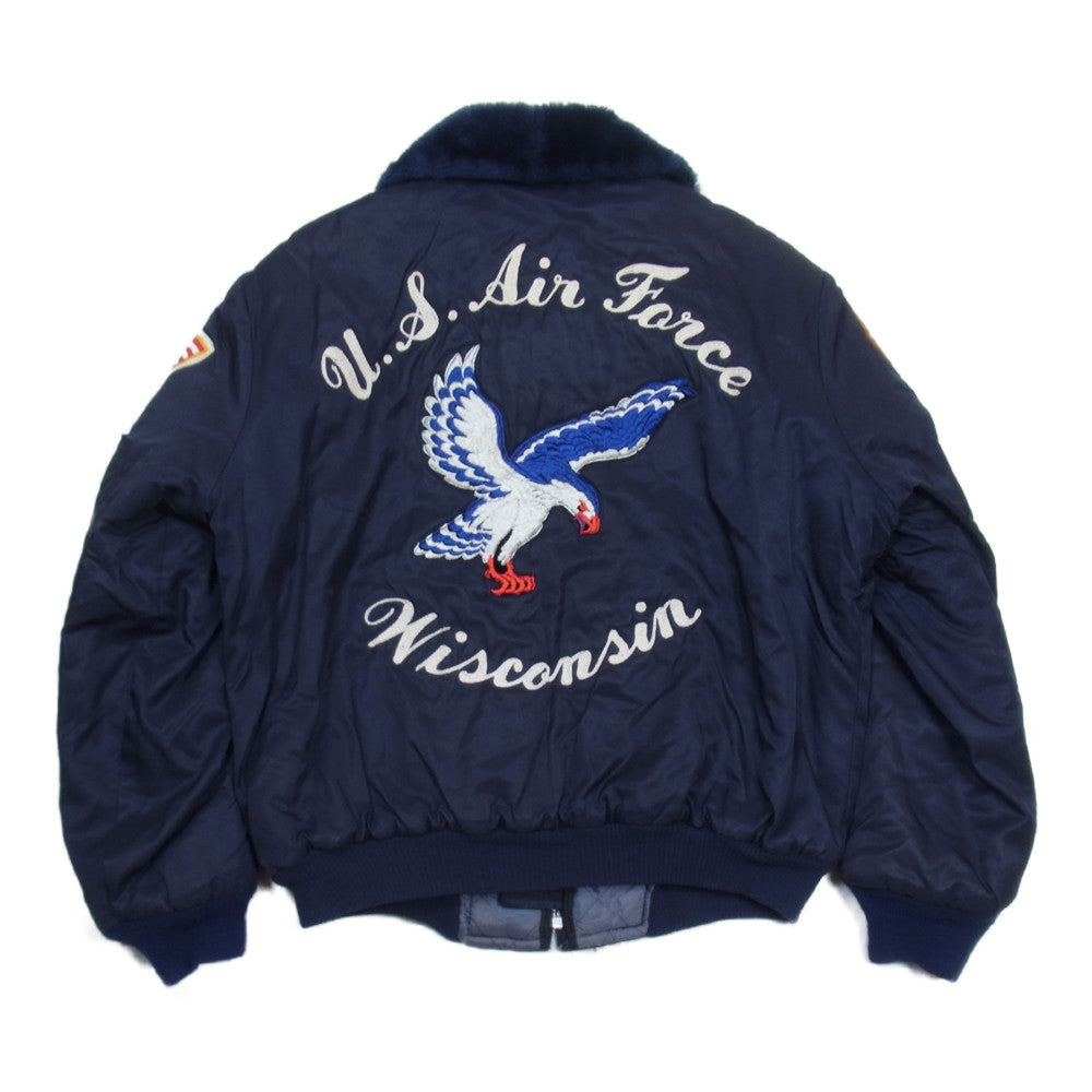 アメリカ空軍 襟ボア 裏キルティング イーグル WISCONSIN 刺繍 ナイロン フライト スーベニア ジャケット ネイビー系 M【中古】