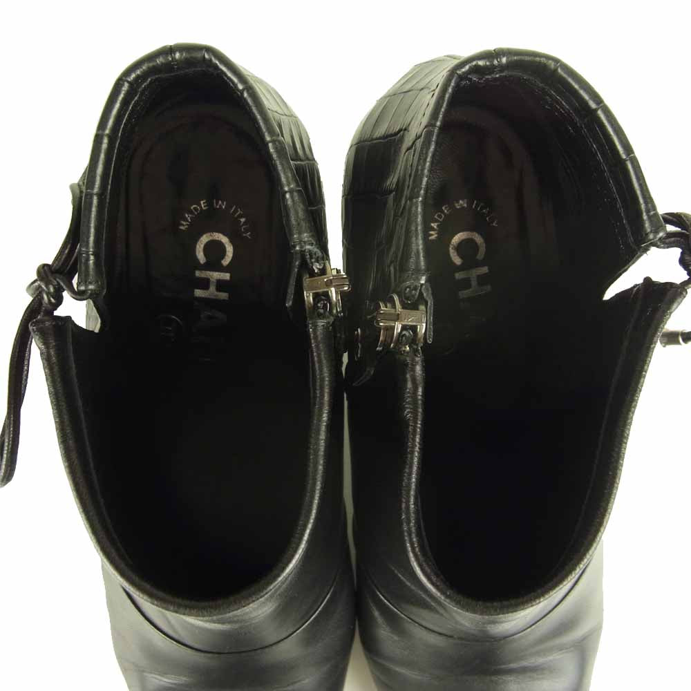 CHANEL シャネル クロコ型押し サイドジップ ショート ブーツ ブラック系 37【中古】